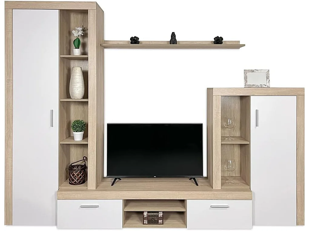 Meyvaser Mueble de salón y TV Composición de salón grande 263 Cm Cambrian-Blanco en madera de gran calidad
