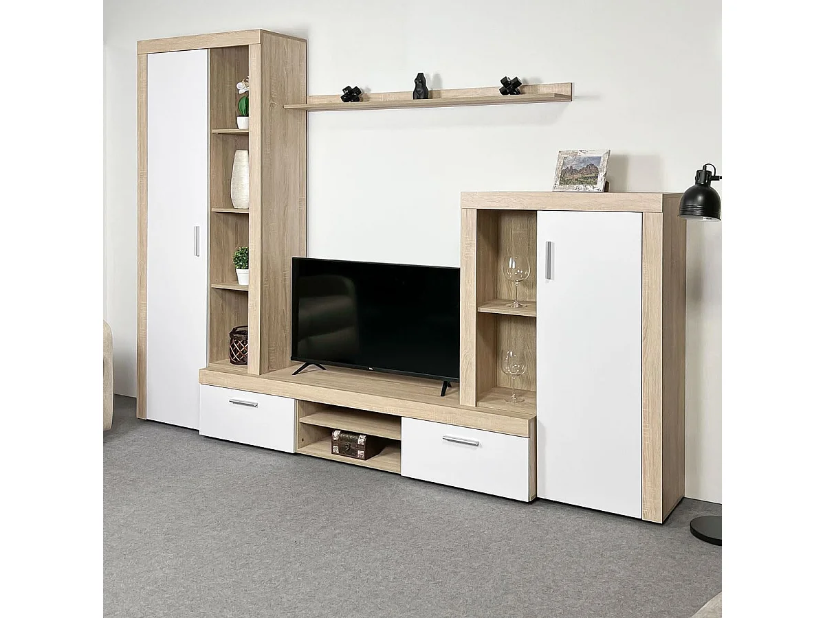 Meyvaser Mueble de salón y TV Composición de salón grande 263 Cm Cambrian-Blanco en madera de gran calidad