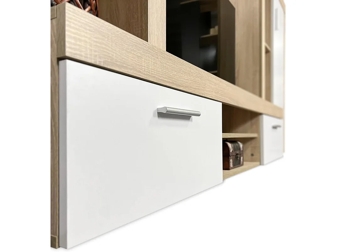 Meyvaser Mueble de salón y TV Composición de salón grande 263 Cm Cambrian-Blanco en madera de gran calidad