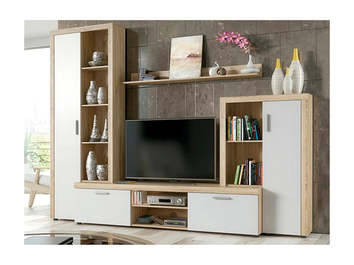 Meyvaser Mueble de salón y TV Composición de salón grande 263 Cm Cambrian-Blanco en madera de gran calidad