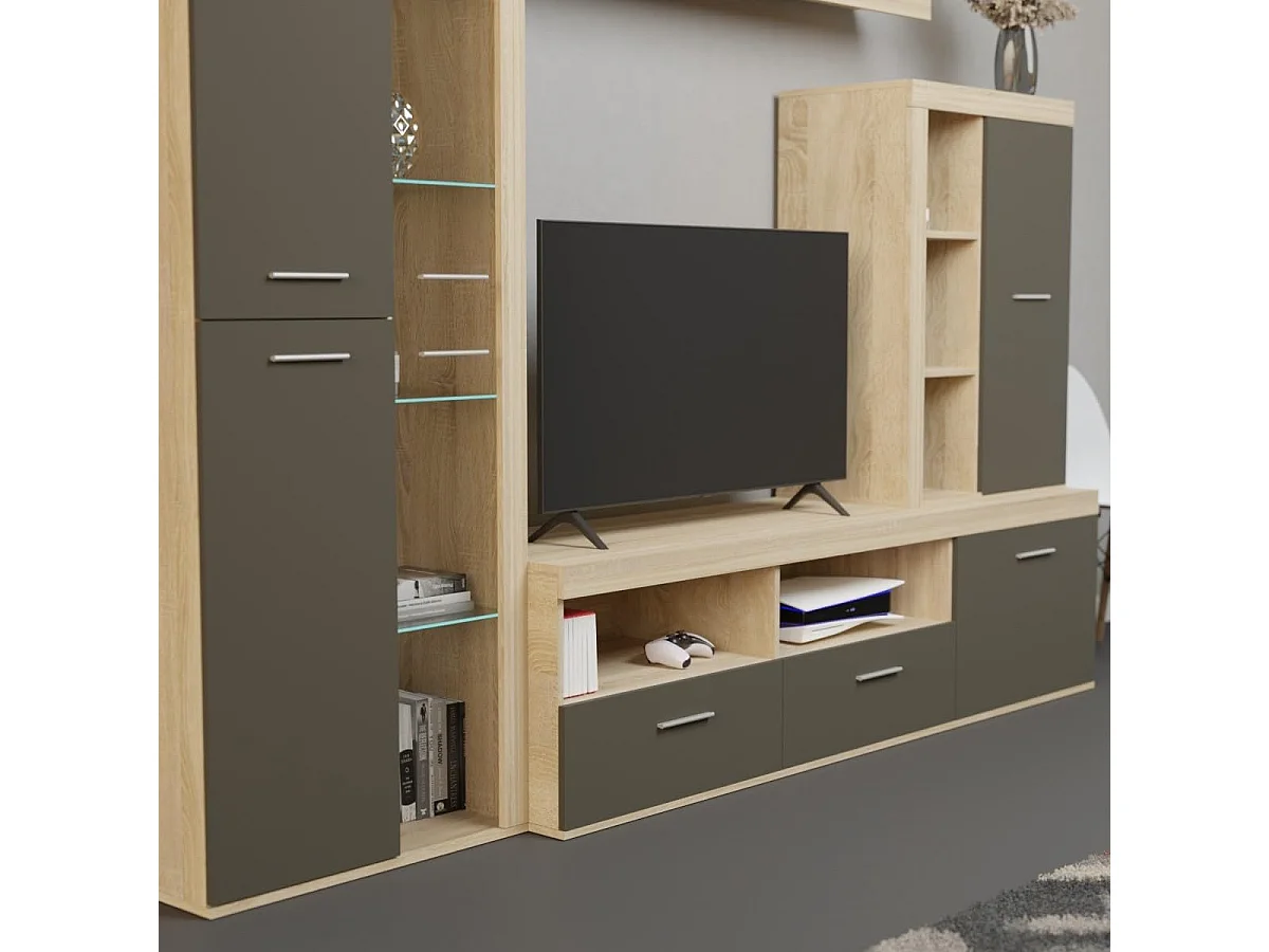 Mueble de Salón Moderno con Leds, Módulos de Comedor, Acabado en Cambria - Grafito, Medidas: 260 cm (Ancho) x 191 cm (Alto) 47,5 cm (Fondo) Meyvaser