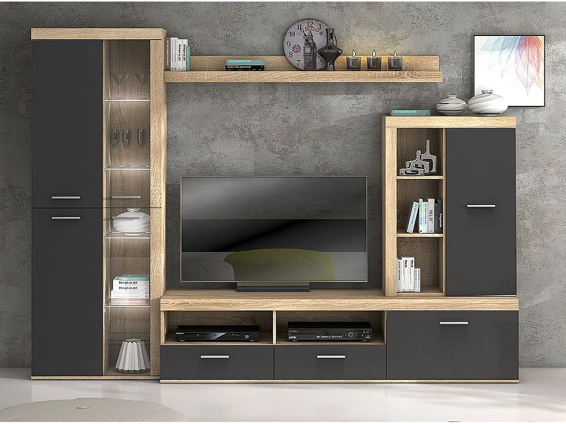 Mueble de Salón Moderno con Leds, Módulos de Comedor, Acabado en Cambria - Grafito, Medidas: 260 cm (Ancho) x 191 cm (Alto) 47,5 cm (Fondo) Meyvaser