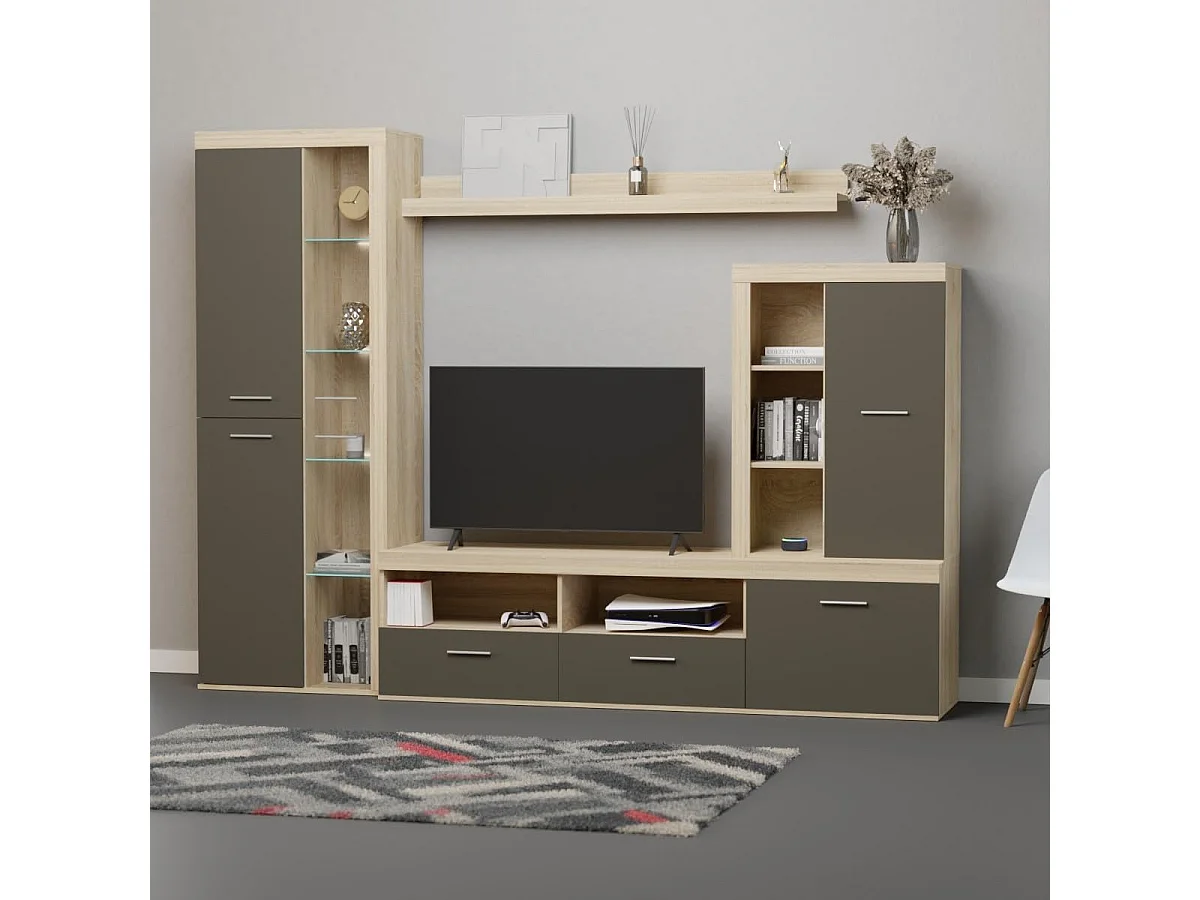 Mueble de Salón Moderno con Leds, Módulos de Comedor, Acabado en Cambria - Grafito, Medidas: 260 cm (Ancho) x 191 cm (Alto) 47,5 cm (Fondo) Meyvaser