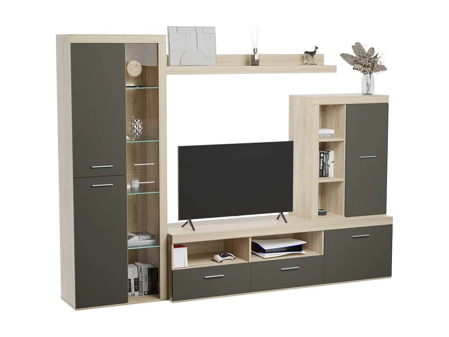 Mueble de Salón Moderno con Leds, Módulos de Comedor, Acabado en Cambria - Grafito, Medidas: 260 cm (Ancho) x 191 cm (Alto) 47,5 cm (Fondo) Meyvaser