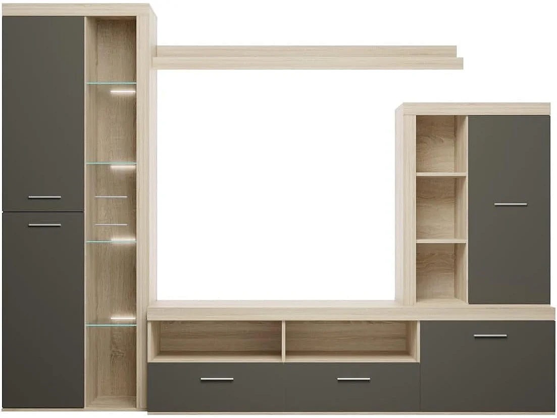 Mueble de Salón Moderno con Leds, Módulos de Comedor, Acabado en Cambria - Grafito, Medidas: 260 cm (Ancho) x 191 cm (Alto) 47,5 cm (Fondo) Meyvaser