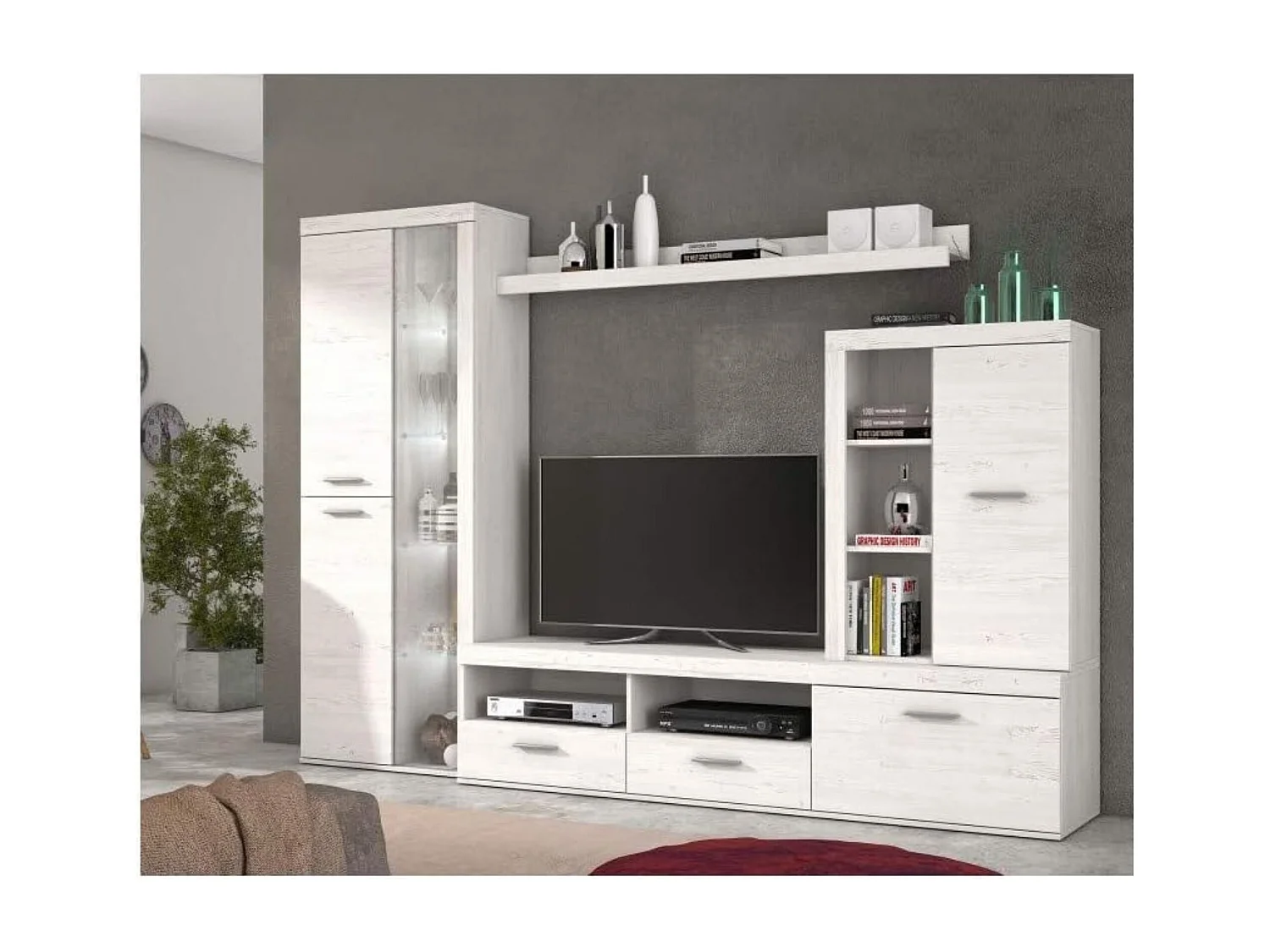 Mueble de Salón Moderno con Leds, Módulos de Comedor, Acabado en Andersen Pino, Medidas: 260 cm (Ancho) x 191 cm (Alto) 47,5 cm (Fondo) Meyvaser