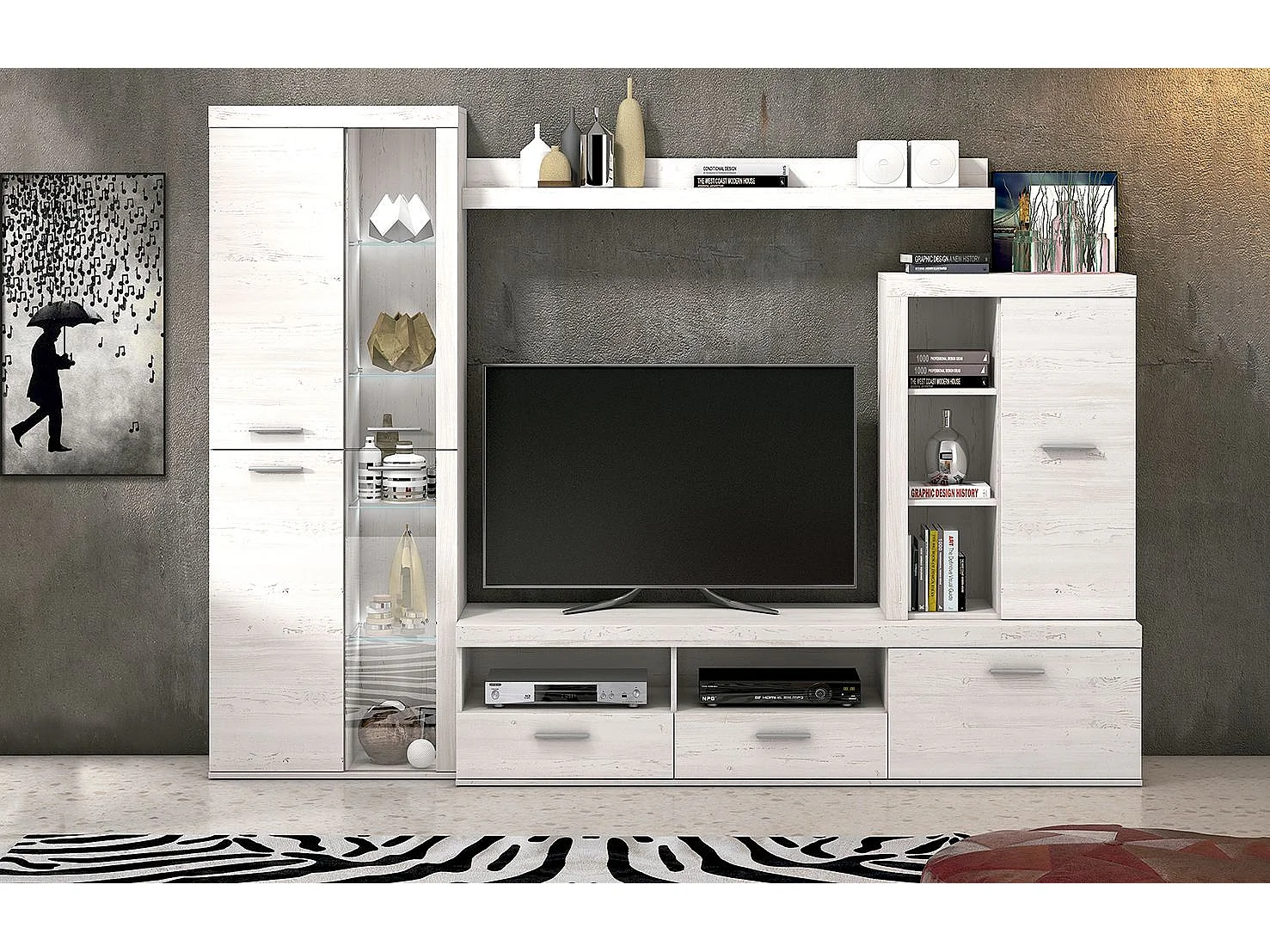 Mueble de Salón Moderno con Leds, Módulos de Comedor, Acabado en Andersen Pino, Medidas: 260 cm (Ancho) x 191 cm (Alto) 47,5 cm (Fondo) Meyvaser