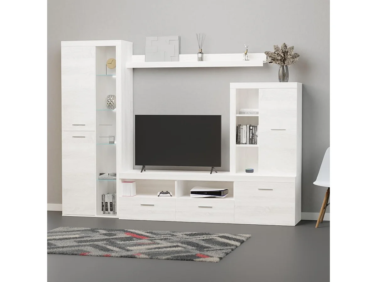 Mueble de Salón Moderno con Leds, Módulos de Comedor, Acabado en Andersen Pino, Medidas: 260 cm (Ancho) x 191 cm (Alto) 47,5 cm (Fondo) Meyvaser