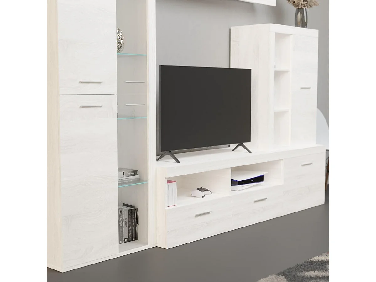 Mueble de Salón Moderno con Leds, Módulos de Comedor, Acabado en Andersen Pino, Medidas: 260 cm (Ancho) x 191 cm (Alto) 47,5 cm (Fondo) Meyvaser