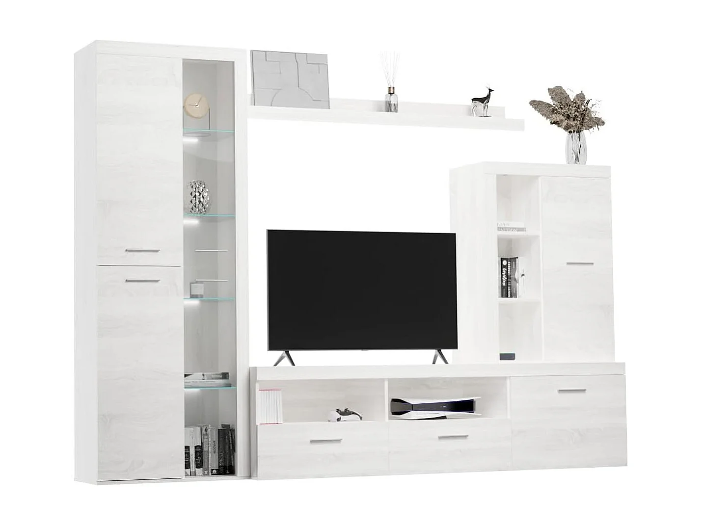 Mueble de Salón Moderno con Leds, Módulos de Comedor, Acabado en Andersen Pino, Medidas: 260 cm (Ancho) x 191 cm (Alto) 47,5 cm (Fondo) Meyvaser