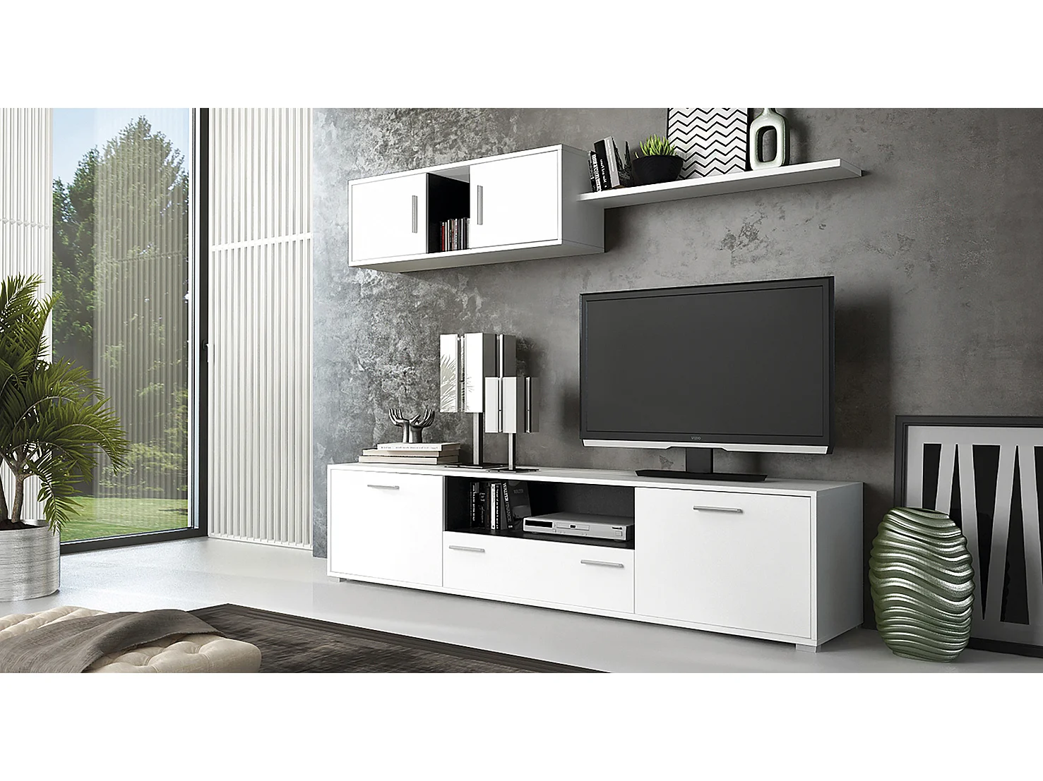 Meyvaser Mueble de salón y TV Composición para salón 200 Cm Color Blanco Gran Espacio Almacenamiento
