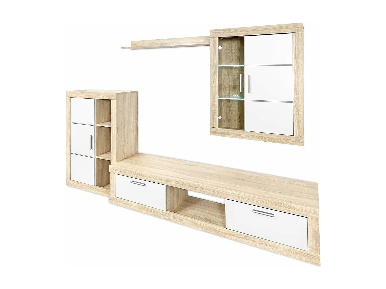 Meyvaser Mueble de salón y TV Moderno con Leds Color Cambria y Blanco Módulo de Comedor 259 Cm