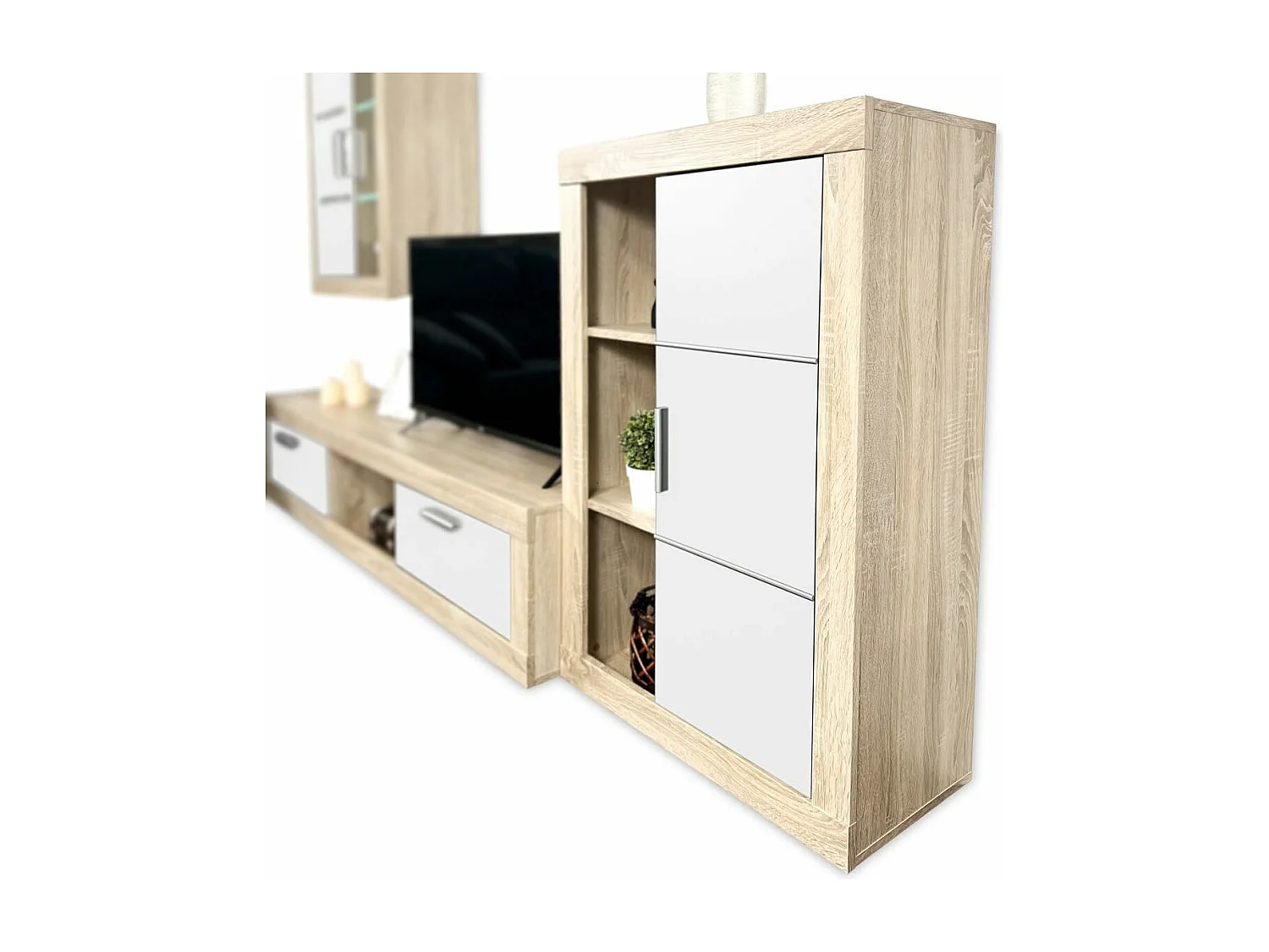 Meyvaser Mueble de salón y TV Moderno con Leds Color Cambria y Blanco Módulo de Comedor 259 Cm