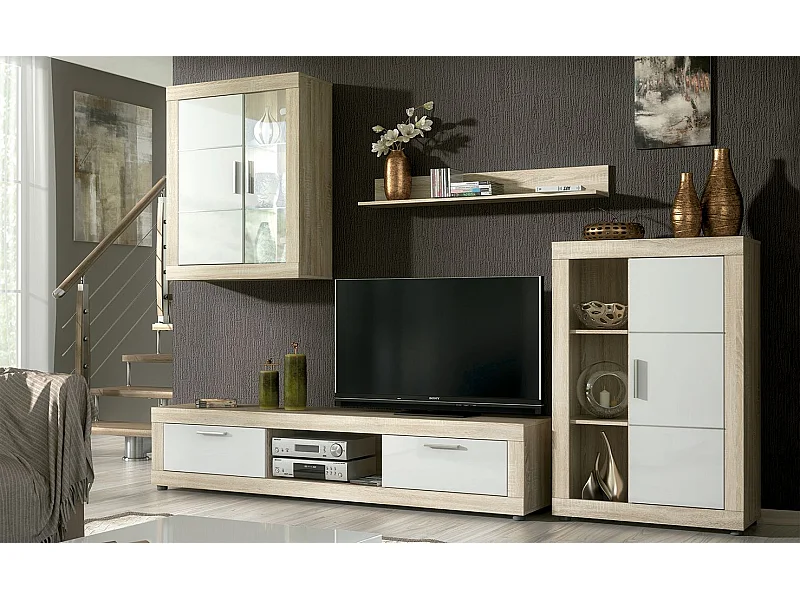 Meyvaser Mueble de salón y TV Moderno con Leds Color Cambria y Blanco Módulo de Comedor 259 Cm
