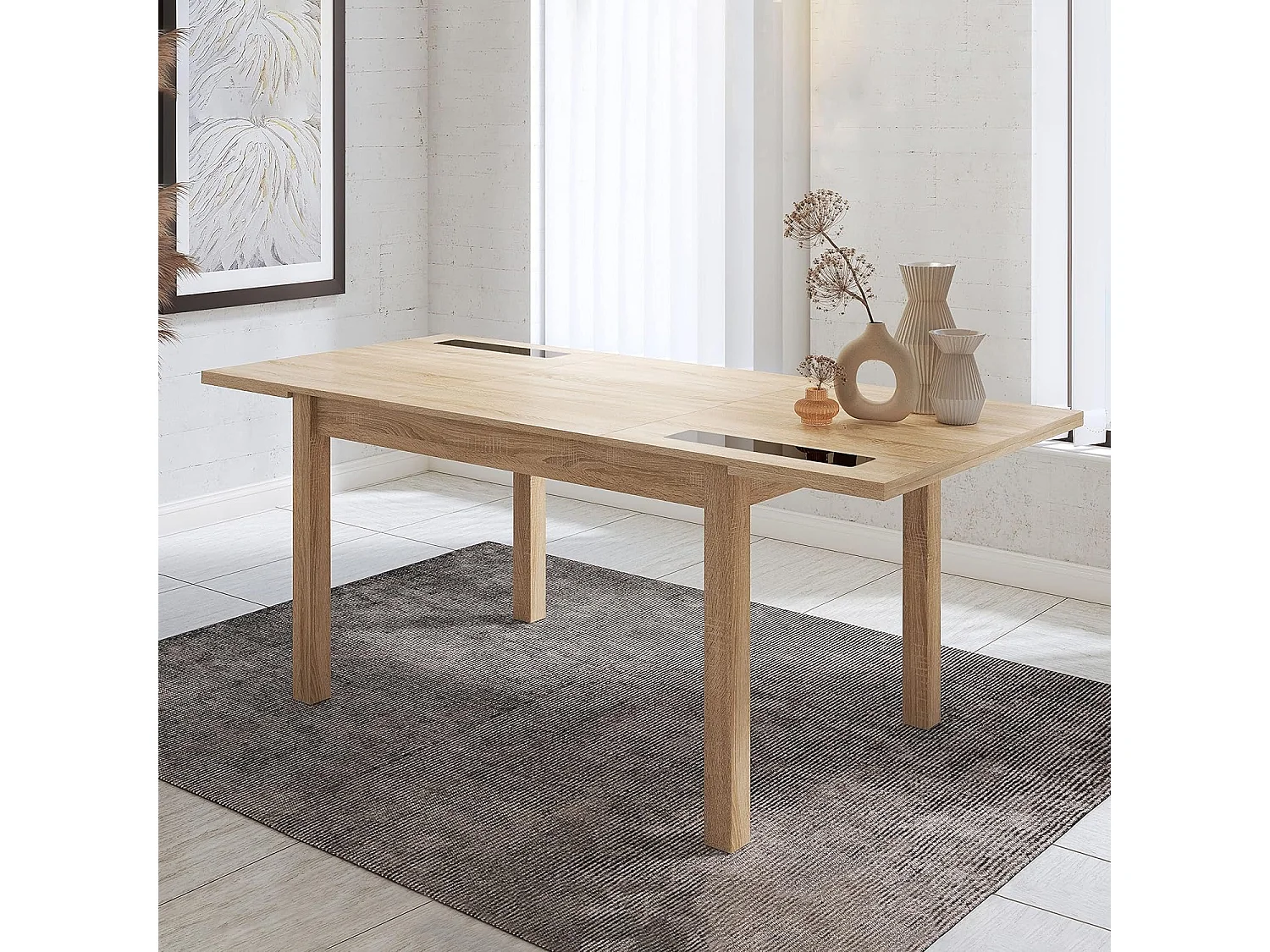 Mesa Comedor, Mesa de salón Extensible, Acabado en Color Cambria y Cristal, Medidas: 140-180 cm (Largo) x 90 cm (Ancho) x 75 cm (Alto) – Meyvaser