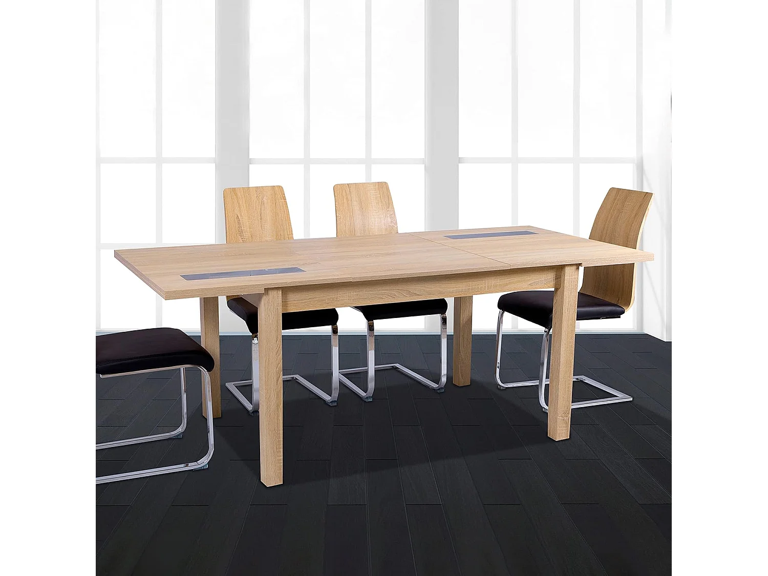 Mesa Comedor, Mesa de salón Extensible, Acabado en Color Cambria y Cristal, Medidas: 140-180 cm (Largo) x 90 cm (Ancho) x 75 cm (Alto) – Meyvaser