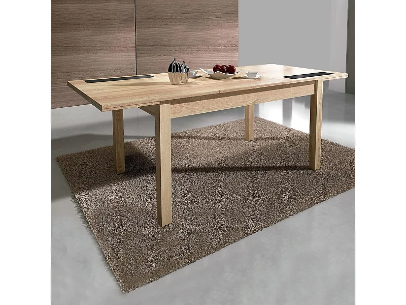 Mesa Comedor, Mesa de salón Extensible, Acabado en Color Cambria y Cristal, Medidas: 140-180 cm (Largo) x 90 cm (Ancho) x 75 cm (Alto) – Meyvaser