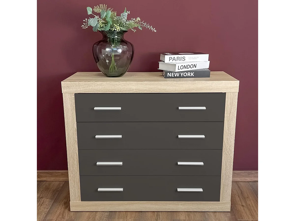 Meyvaser - Cómoda con 4 Cajones, Sinfonier, Práctica y Funcional, Color Cambrian y Negro, Medidas: 60 cm (An) x 81.5 cm (Al) x 39.5 cm (Fo)