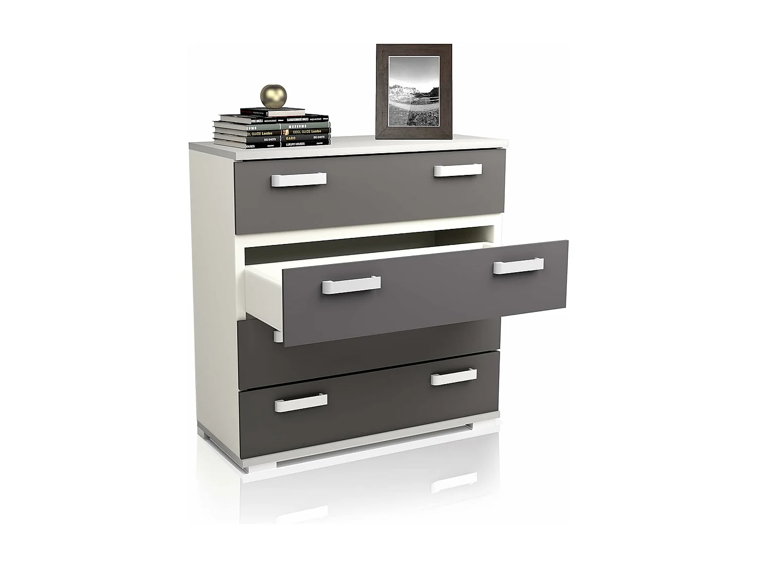 Comoda 4 Cajones, Mueble Almacenaje Dormitorio, Color Blanco y Grafito, Medidas: 89 cm (Largo) x 89,6 cm (Alto) x 39,6 cm de (Fondo) Meyvaser