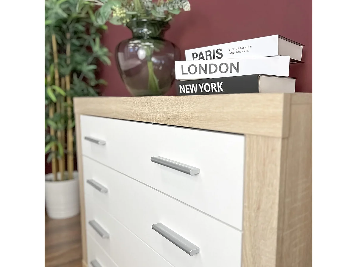 Meyvaser - Cómoda con 4 Cajones, Sinfonier, Práctica y Funcional, Color Cambria y Blanco, Medidas: 60 cm (An) x 81.5 cm (Al) x 39.5 cm (Fo)