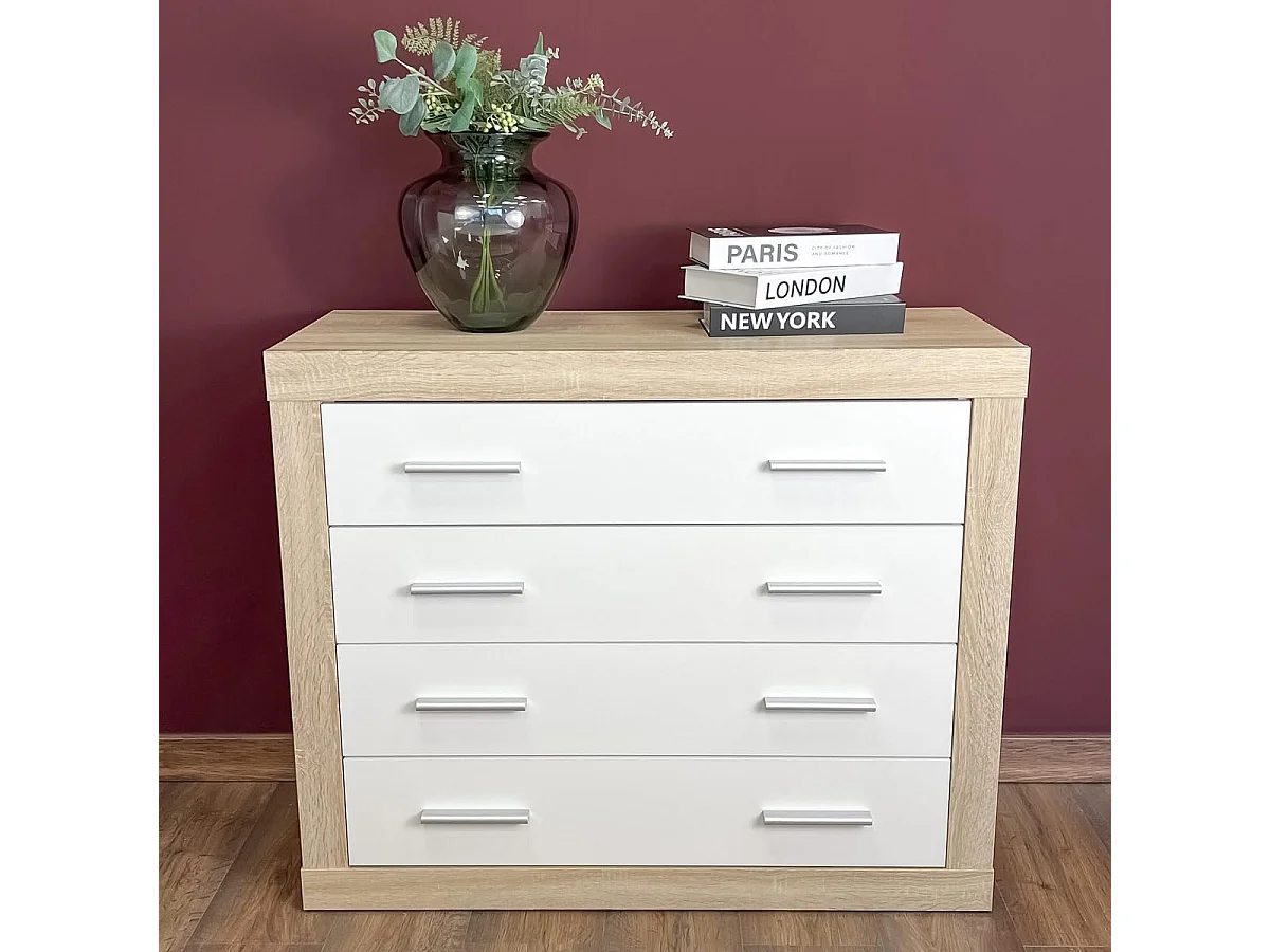 Meyvaser - Cómoda con 4 Cajones, Sinfonier, Práctica y Funcional, Color Cambria y Blanco, Medidas: 60 cm (An) x 81.5 cm (Al) x 39.5 cm (Fo)