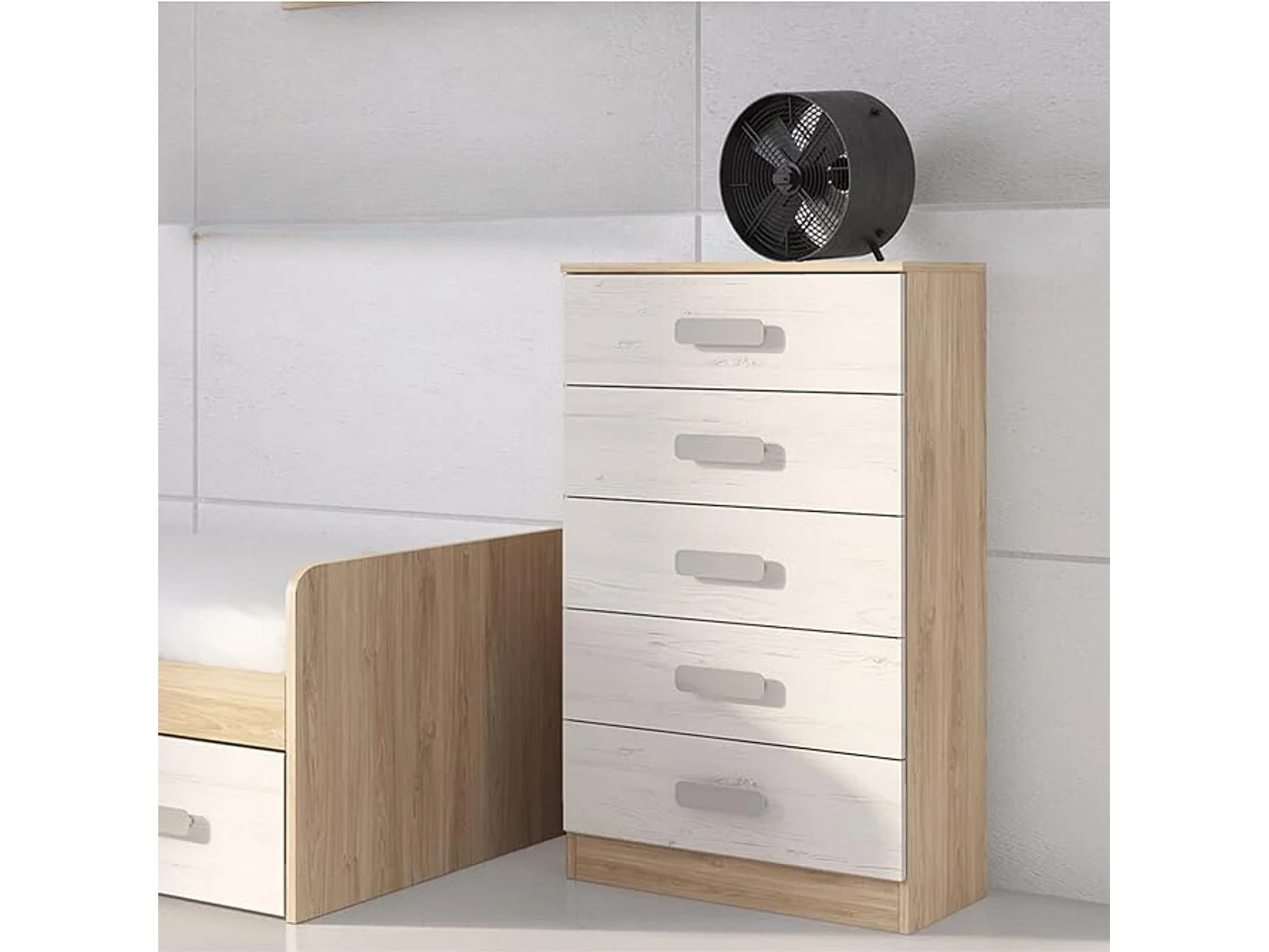 Meyvaser -Sinfonier 5 Cajones, Cómoda, Almacenaje Dormitorio, Acabado en Blanco y Nordico, Medidas: 60 cm (An) x 108,5 cm (Al) x 38 cm de (Fon)