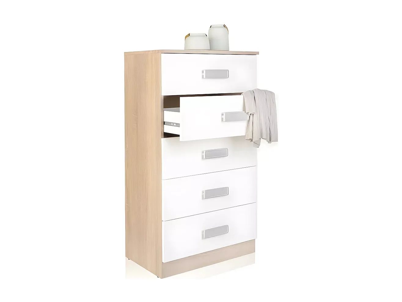 Meyvaser -Sinfonier 5 Cajones, Cómoda, Almacenaje Dormitorio, Acabado en Blanco y Nordico, Medidas: 60 cm (An) x 108,5 cm (Al) x 38 cm de (Fon)