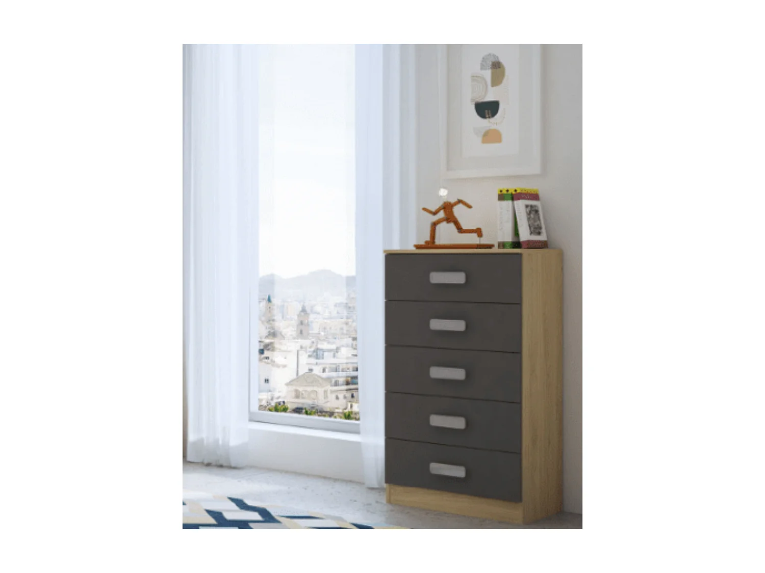 Sinfonier 5 Cajones, Cómoda, Almacenaje Dormitorio, Acabado en Cambrian y Grafito, Medidas: 60 cm (An) x 108,5 cm (Al) x 38 cm de (Fon) - Meyvaser