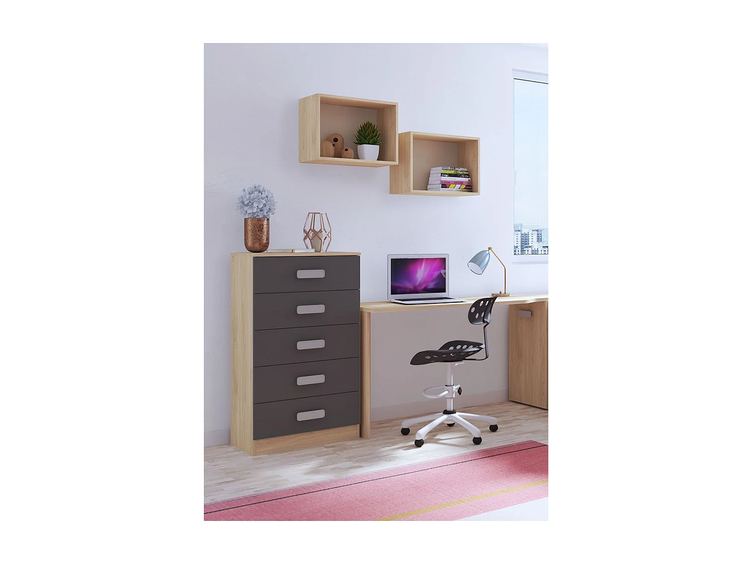 Sinfonier 5 Cajones, Cómoda, Almacenaje Dormitorio, Acabado en Cambrian y Grafito, Medidas: 60 cm (An) x 108,5 cm (Al) x 38 cm de (Fon) - Meyvaser