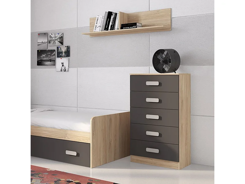 Sinfonier 5 Cajones, Cómoda, Almacenaje Dormitorio, Acabado en Cambrian y Grafito, Medidas: 60 cm (An) x 108,5 cm (Al) x 38 cm de (Fon) - Meyvaser