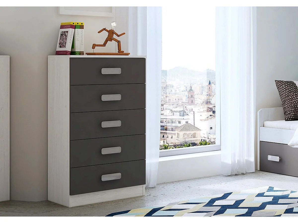 Sinfonier 5 Cajones, Cómoda, Almacenaje Dormitorio, Acabado en Andersen y Grafito, Medidas: 60 cm (An) x 108,5 cm (Al) x 38 cm de (Fon) - Meyvaser