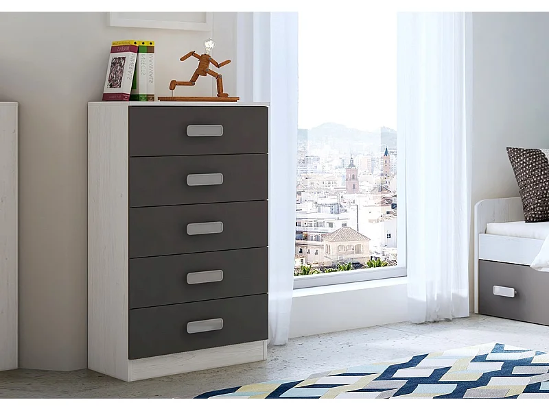 Sinfonier 5 Cajones, Cómoda, Almacenaje Dormitorio, Acabado en Andersen y Grafito, Medidas: 60 cm (An) x 108,5 cm (Al) x 38 cm de (Fon) - Meyvaser