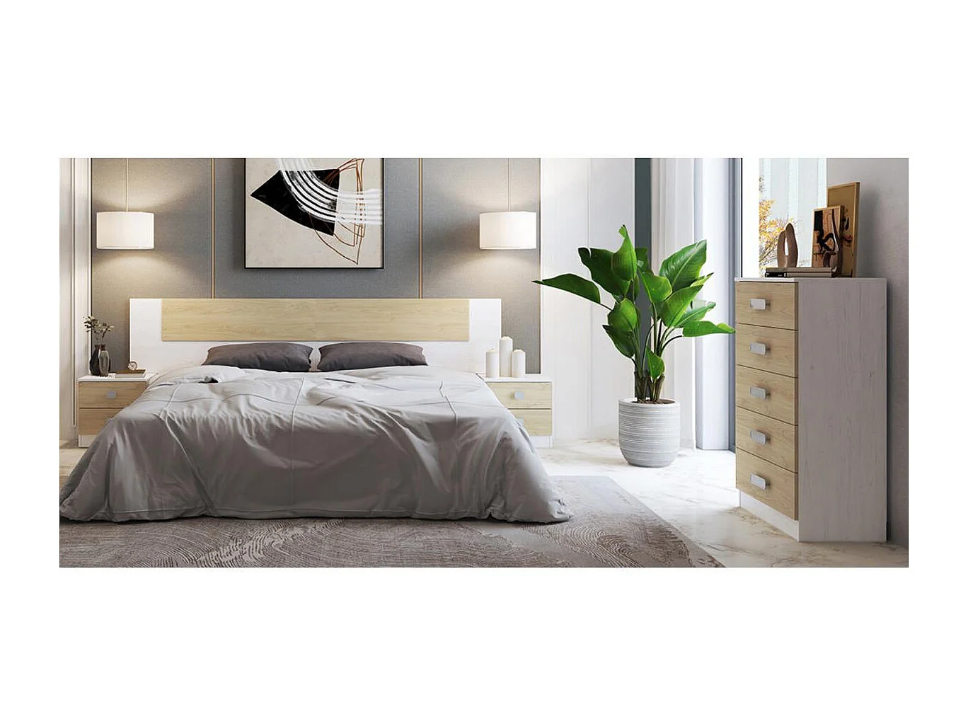 Meyvaser -Sinfonier 5 Cajones, Cómoda, Almacenaje Dormitorio, Acabado en Blanco y roble, Medidas: 60 cm (An) x 108,5 cm (Al) x 38 cm de (Fon)