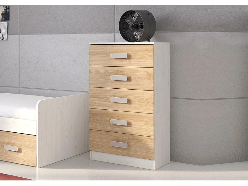 Meyvaser -Sinfonier 5 Cajones, Cómoda, Almacenaje Dormitorio, Acabado en Blanco y roble, Medidas: 60 cm (An) x 108,5 cm (Al) x 38 cm de (Fon)