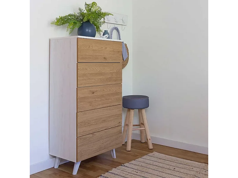 Meyvaser - Sinfonier con 5 Cajones y con Patas, Comoda Cajonera Dormitorio, Color Roble y blanco, 60cm (Ancho) x 118,5cm (Alto) x 37,8cm (Fondo)