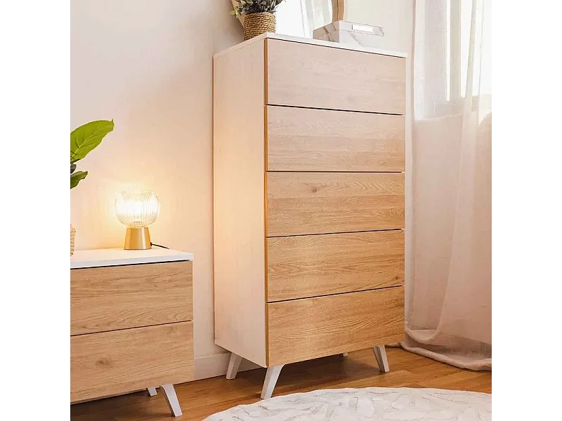 Meyvaser - Sinfonier con 5 Cajones y con Patas, Comoda Cajonera Dormitorio, Color Roble y blanco, 60cm (Ancho) x 118,5cm (Alto) x 37,8cm (Fondo)