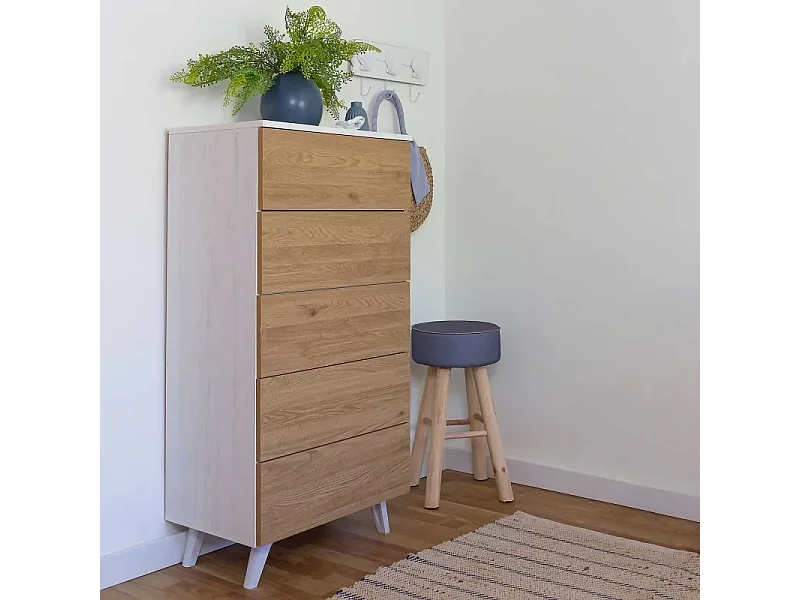 Meyvaser - Sinfonier con 5 Cajones y con Patas, Comoda Cajonera Dormitorio, Color Roble y blanco, 60cm (Ancho) x 118,5cm (Alto) x 37,8cm (Fondo)