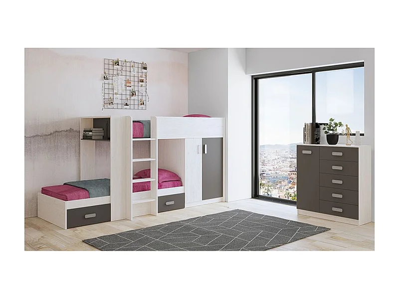 Litera - Cama Tren en Blanco Veteado y Grafito - 99.6 cm x 278.5 cm x 150.6 cm | Alta Calidad y Resistencia para Dormitorios Modernos.