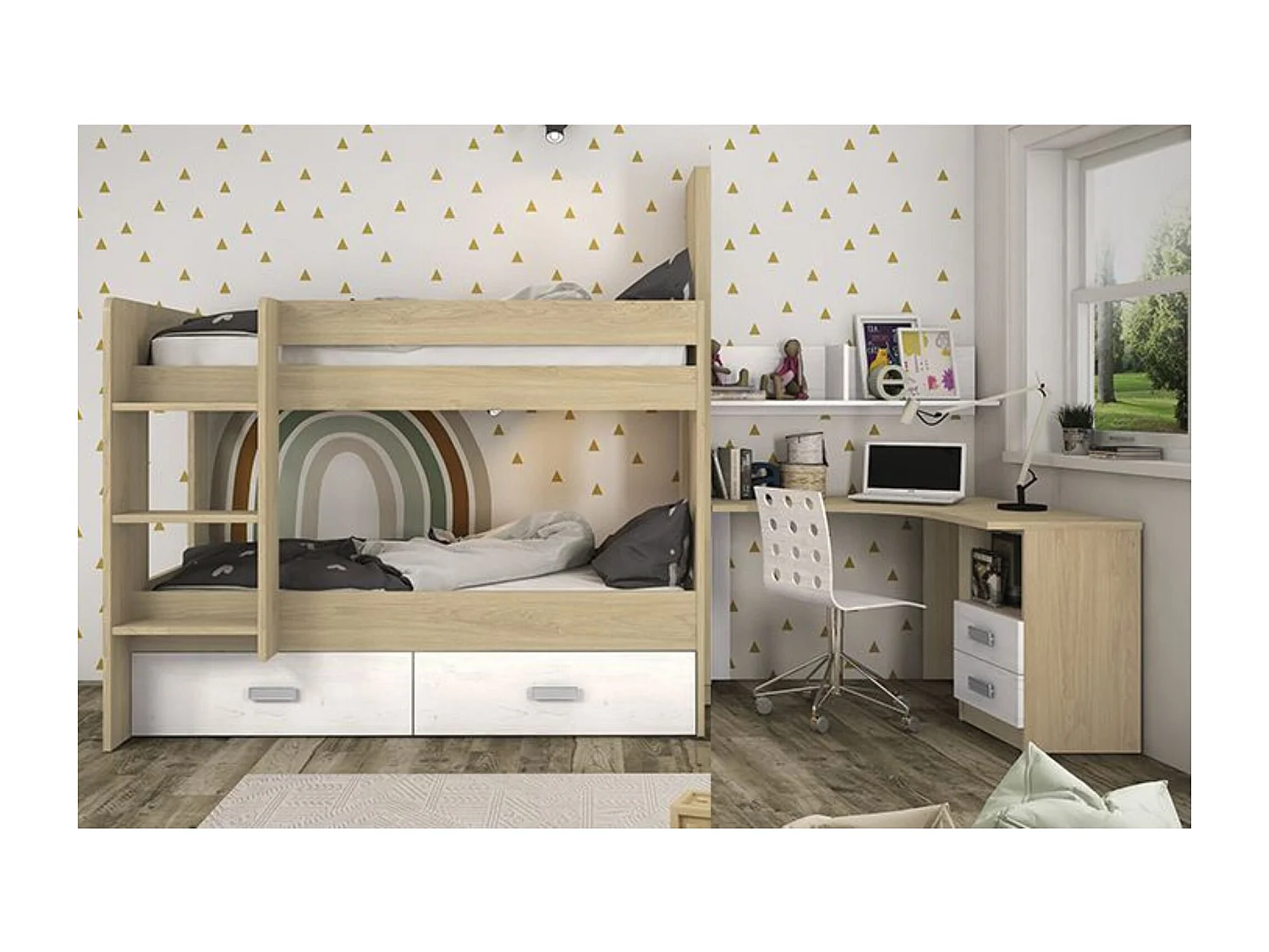 Litera con Cajonera en Blanco y Natural - 95.6 cm (Largo) x 195.4 cm (Ancho) x 146.6 cm (Alto) | Alta Calidad y Resistencia