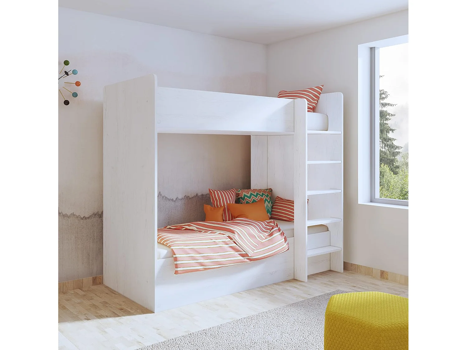 Litera Doble con Escalera - Blanco Veteado y Pino, 198.4 cm (Largo) x 98 cm (Ancho) x 72 cm (Alto) | Ideal para Espacios Pequeños