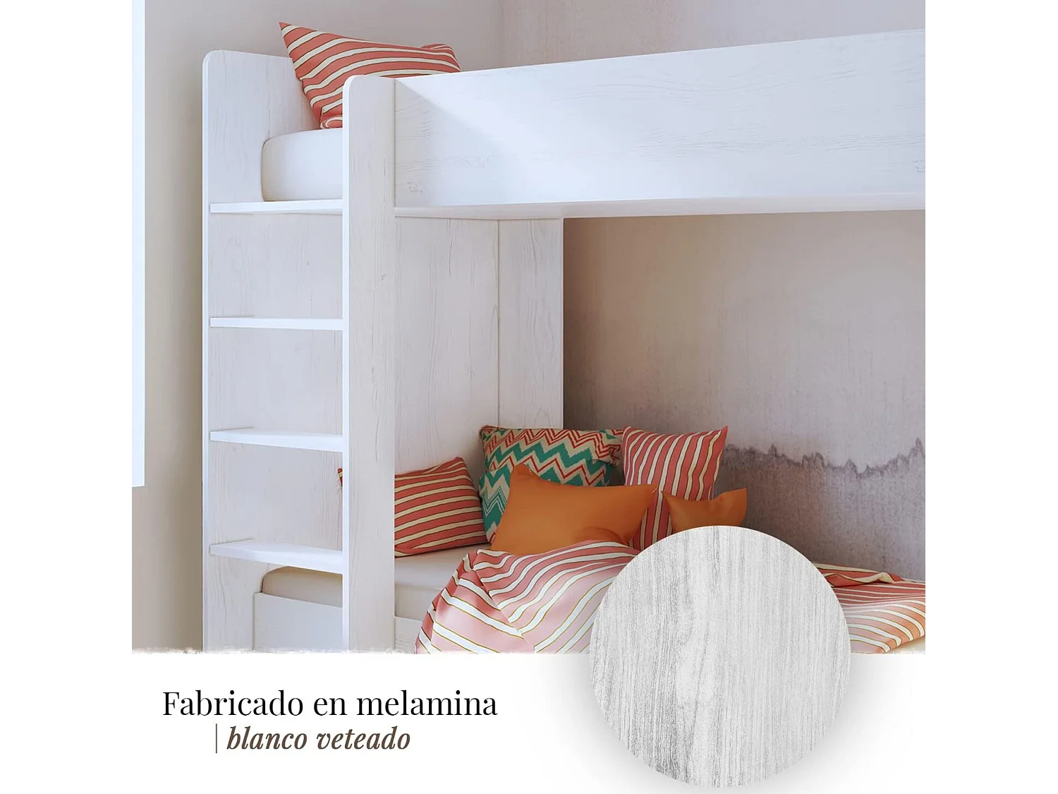 Litera Doble con Escalera - Blanco Veteado y Pino, 198.4 cm (Largo) x 98 cm (Ancho) x 72 cm (Alto) | Ideal para Espacios Pequeños