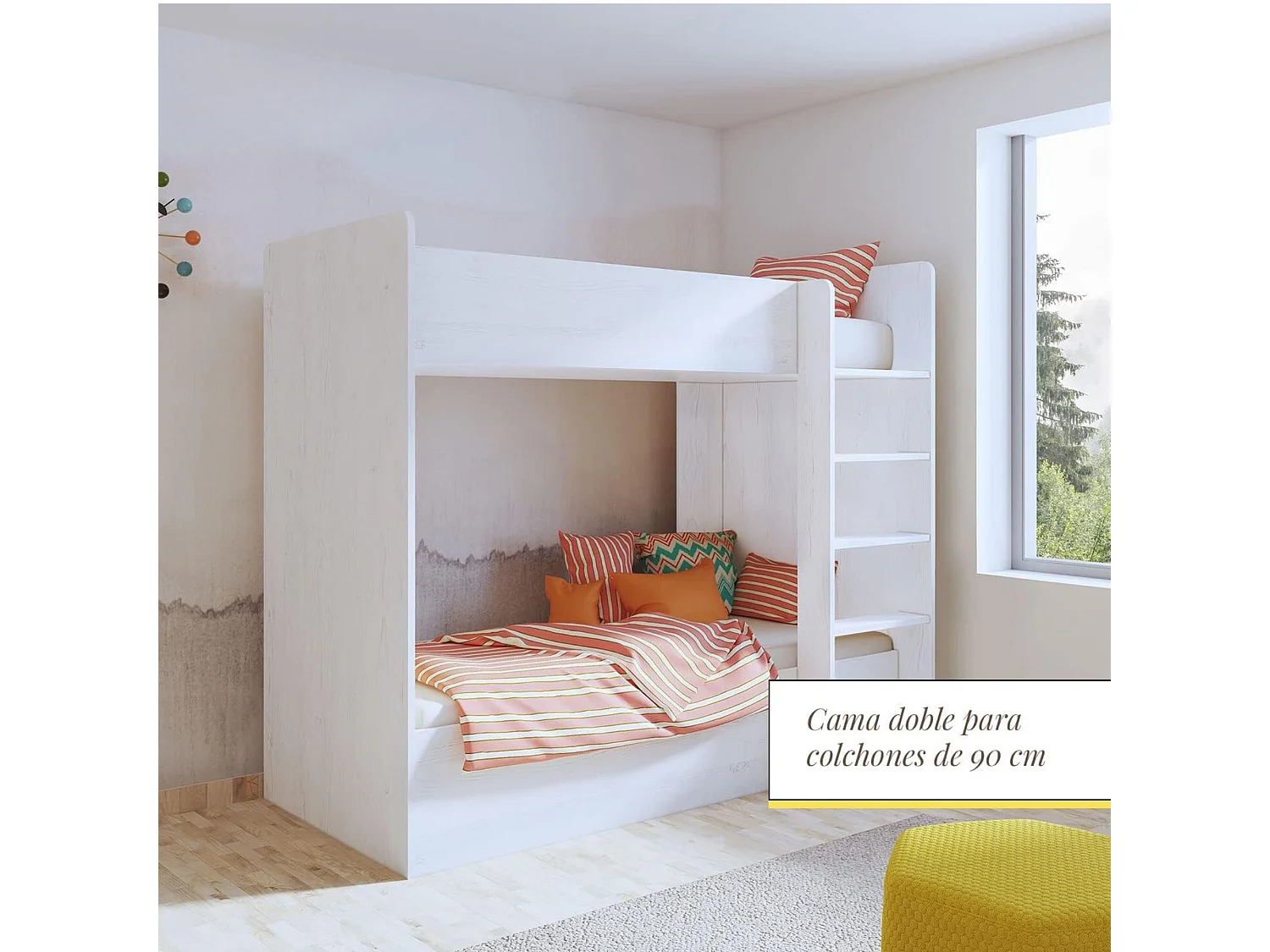 Litera Doble con Escalera - Blanco Veteado y Pino, 198.4 cm (Largo) x 98 cm (Ancho) x 72 cm (Alto) | Ideal para Espacios Pequeños