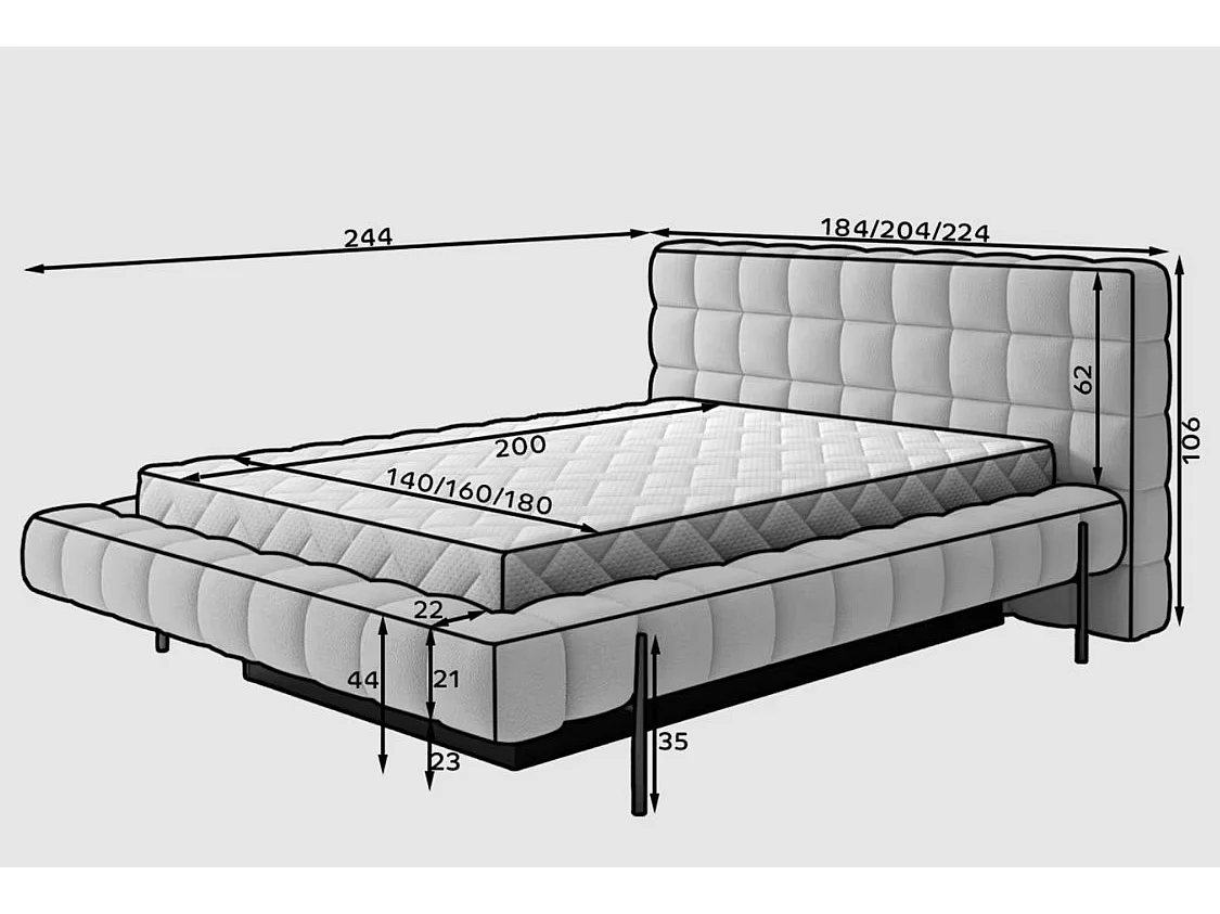 Letto Kaya S (140x200)/Tessuto/Grigio