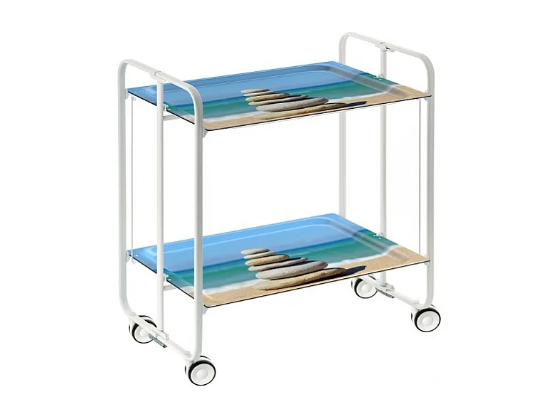 Carrito auxiliar plegable con ruedas - Estructura metálica blanca, 2 estantes laminados Decorado Playa – 72*66*43 cm - BAUHAUS
