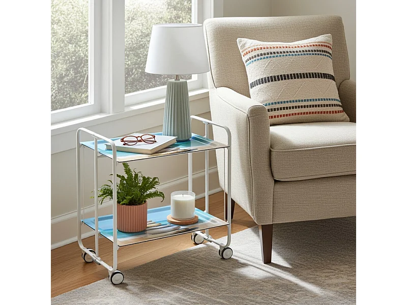 Carrito auxiliar plegable con ruedas - Estructura metálica blanca, 2 estantes laminados Decorado Playa – 72*66*43 cm - BAUHAUS