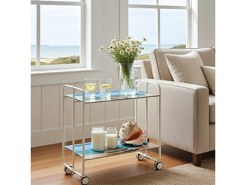 Chariot pliant à roulettes, table pliante roulante, desserte - Structure métallique blanche, 2 niveaux en stratifié motif Galets, Plage  - 72*66*43 cm - BAUHAUS