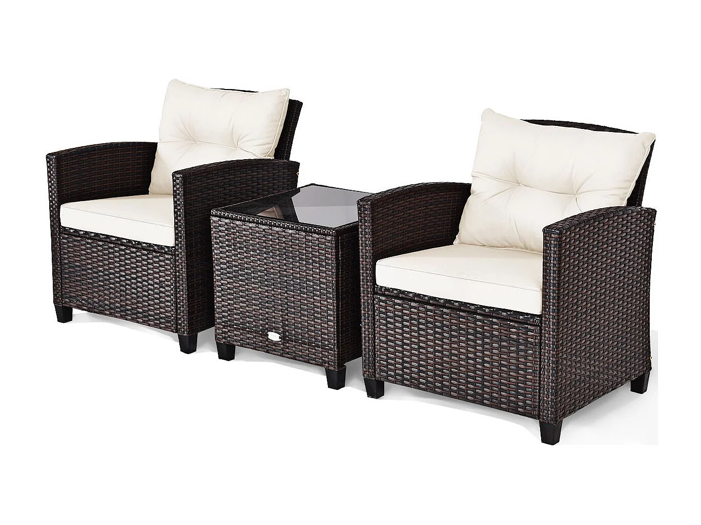 Salon de Jardin en Rotin et fibre naturelle - 3 Pièces - Charge 180KG - 2 Fauteuils et Table Basse avec Plateau en Verre Trempé – Beige