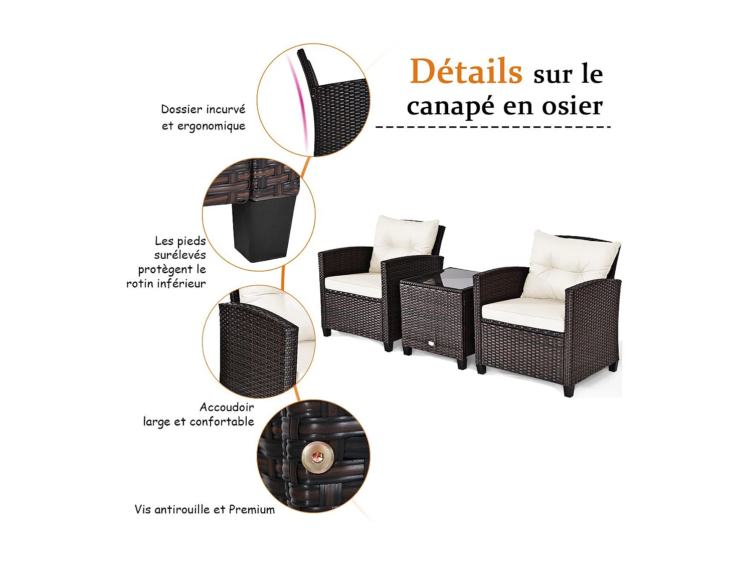 Salon de Jardin en Rotin et fibre naturelle - 3 Pièces - Charge 180KG - 2 Fauteuils et Table Basse avec Plateau en Verre Trempé – Beige