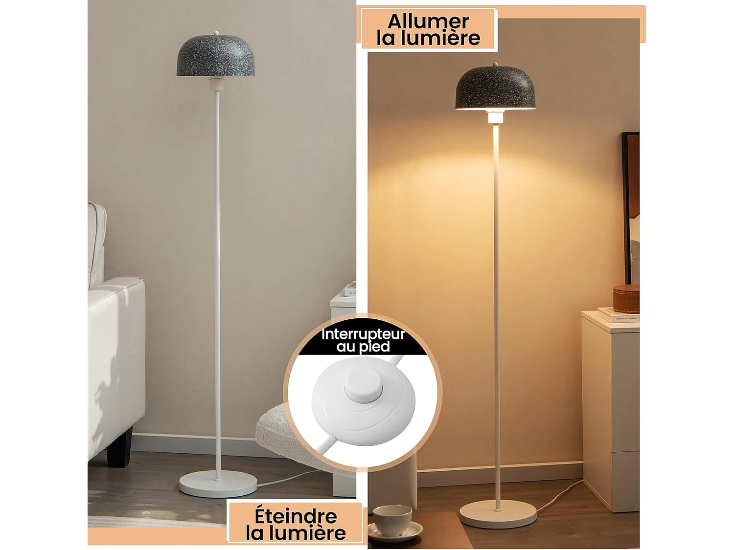 Lampadaire sur Pied de 146 cm, Lampe avec Abat-Jour et Interrupteur au Pied, Lampe avec Base Lestée Culot E27 pour Salon Chambre Bureau