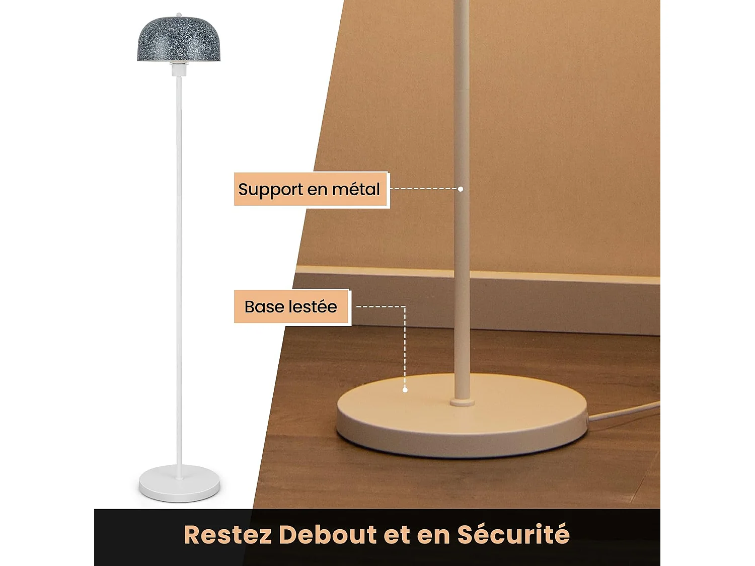 Lampadaire sur Pied de 146 cm, Lampe avec Abat-Jour et Interrupteur au Pied, Lampe avec Base Lestée Culot E27 pour Salon Chambre Bureau
